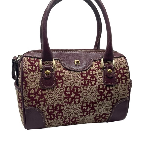 Etienne Aigner Vintage Handbag Burgundy Dark‎ Red Leather Tan Canvas Logo Purse - Picture 2 of 11